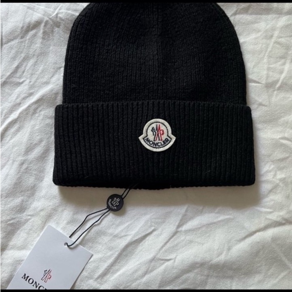 Moncler Black Ribbed Cuffed Beanie with Logo Patch